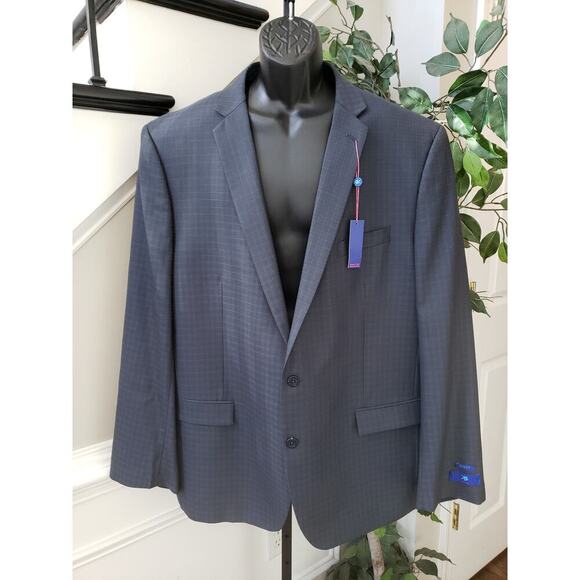 Egara Blazer Jacket Men 54L Navy Wool Check Single Breasted Notch Lapel Slim Fit - Picture 1 of 14